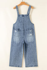 Stone Blue Distressed Bib Pocket Wide Leg Denim Overall Jumpsuits & Rompers JT's Designer Fashion