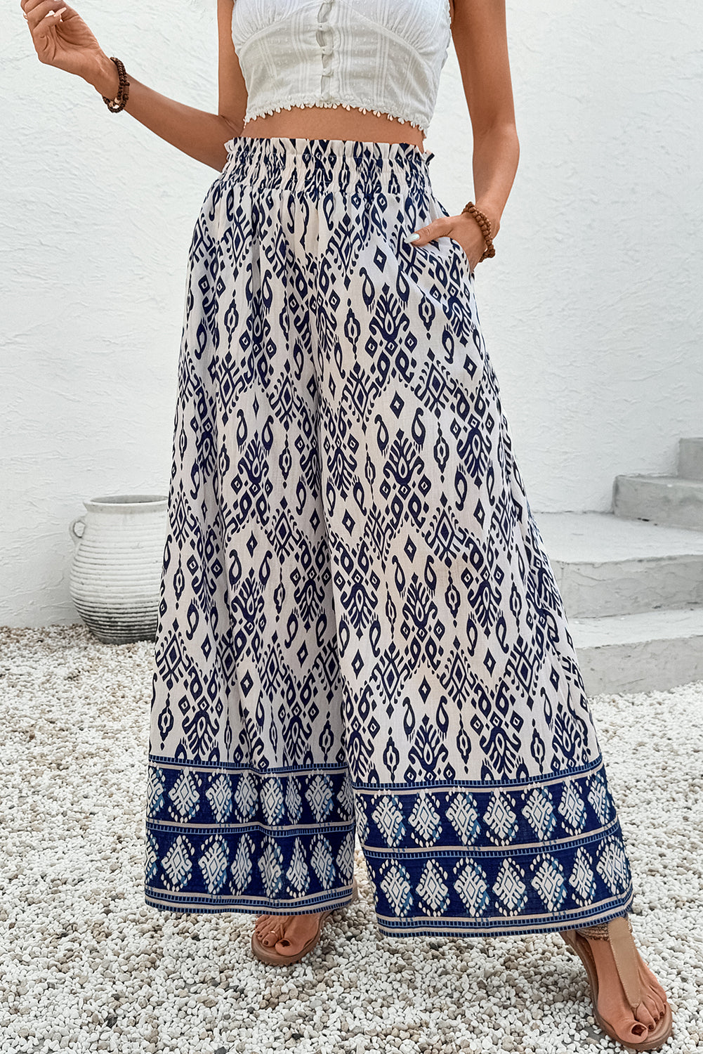 Blue Boho Pattern Print High Waist Wide Leg Loose Pants Pants & Culotte JT's Designer Fashion