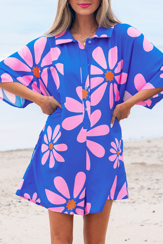 Blue Summer Flower Print Shirt Collar Button Front Loose Romper Jumpsuits & Rompers JT's Designer Fashion
