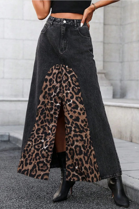 Front Slit Leopard Midi Denim Skirt Black Skirts JT's Designer Fashion
