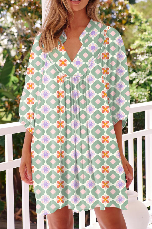 Green Geometric Floral Print 3/4 Sleeve Notched Neck Mini Dress Mini Dresses JT's Designer Fashion