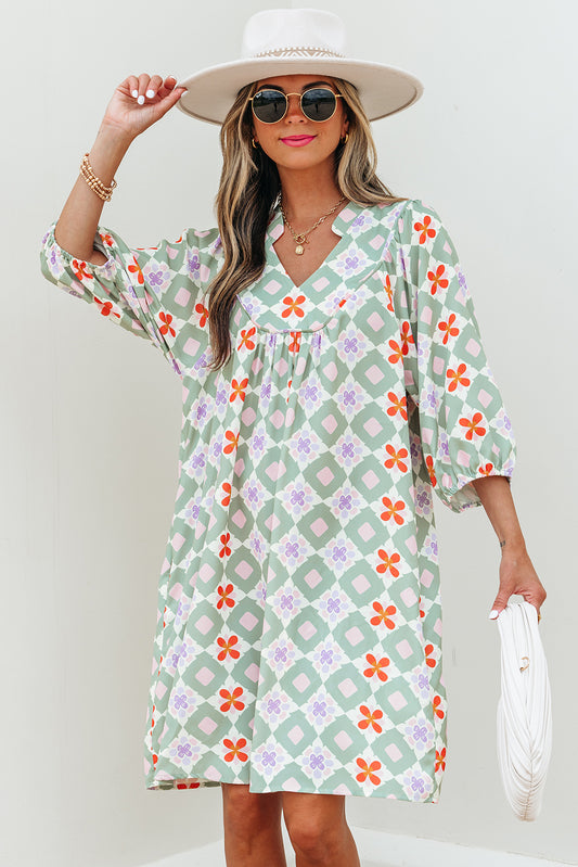 Green Geometric Floral Print 3/4 Sleeve Notched Neck Mini Dress Mini Dresses JT's Designer Fashion