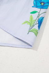 Sky Blue Floral Print Tie Split Neck Short Puff Sleeve Blouse Blouses & Shirts JT's Designer Fashion