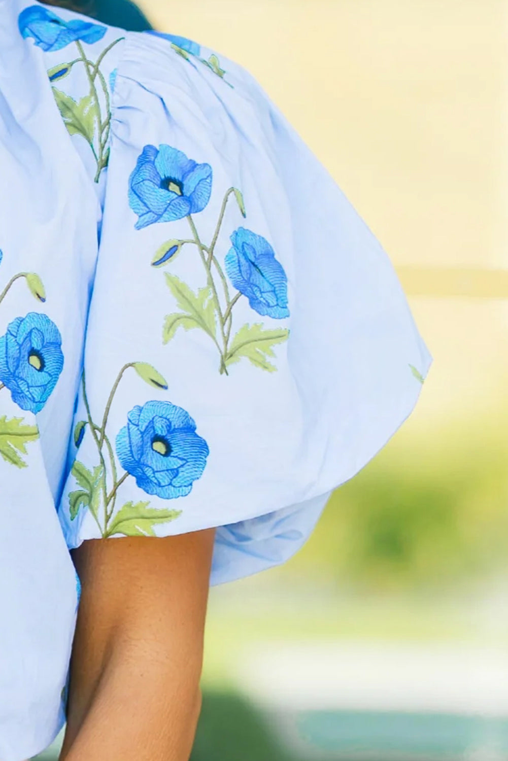 Sky Blue Floral Print Tie Split Neck Short Puff Sleeve Blouse Blouses & Shirts JT's Designer Fashion