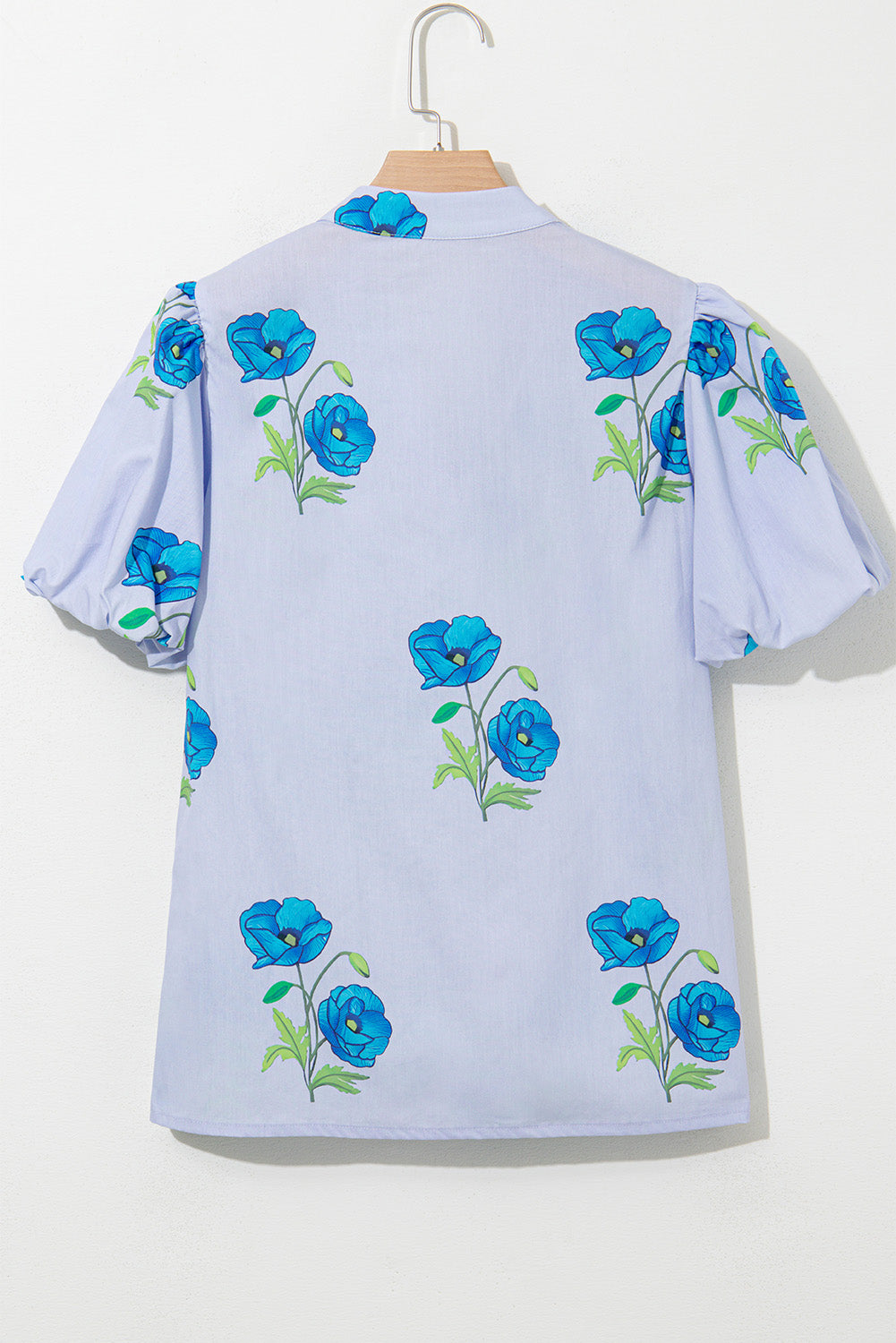 Sky Blue Floral Print Tie Split Neck Short Puff Sleeve Blouse Blouses & Shirts JT's Designer Fashion