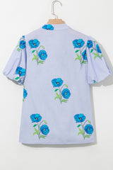 Sky Blue Floral Print Tie Split Neck Short Puff Sleeve Blouse Blouses & Shirts JT's Designer Fashion