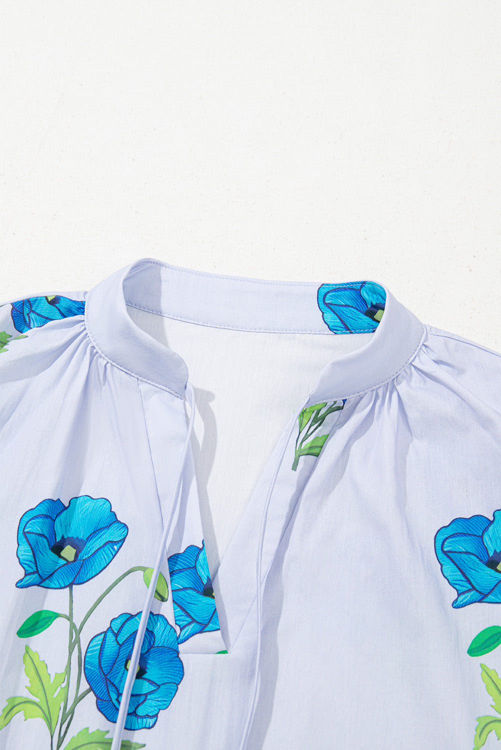 Sky Blue Floral Print Tie Split Neck Short Puff Sleeve Blouse Blouses & Shirts JT's Designer Fashion