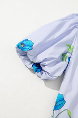 Sky Blue Floral Print Tie Split Neck Short Puff Sleeve Blouse Blouses & Shirts JT's Designer Fashion