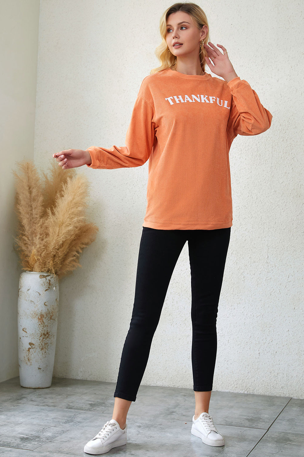 Orange Thankful Graphic Corded Sweatshirt Graphic Sweatshirts JT's Designer Fashion