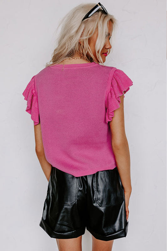 Pink Leopard Ruffled Sleeve Round Neck Knit Sweater Sweaters & Cardigans JT's Designer Fashion