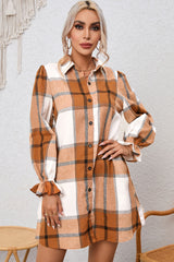 Khaki Plaid Pattern Collared Neck Ruffled Sleeve Shirt Dress Dresses JT's Designer Fashion