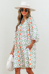 Green Geometric Floral Print 3/4 Sleeve Notched Neck Mini Dress Mini Dresses JT's Designer Fashion