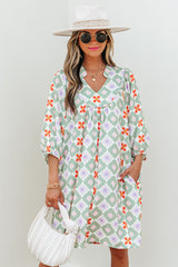 Green Geometric Floral Print 3/4 Sleeve Notched Neck Mini Dress Mini Dresses JT's Designer Fashion