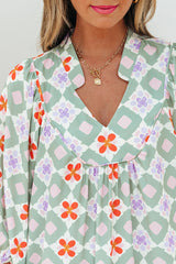 Green Geometric Floral Print 3/4 Sleeve Notched Neck Mini Dress Mini Dresses JT's Designer Fashion