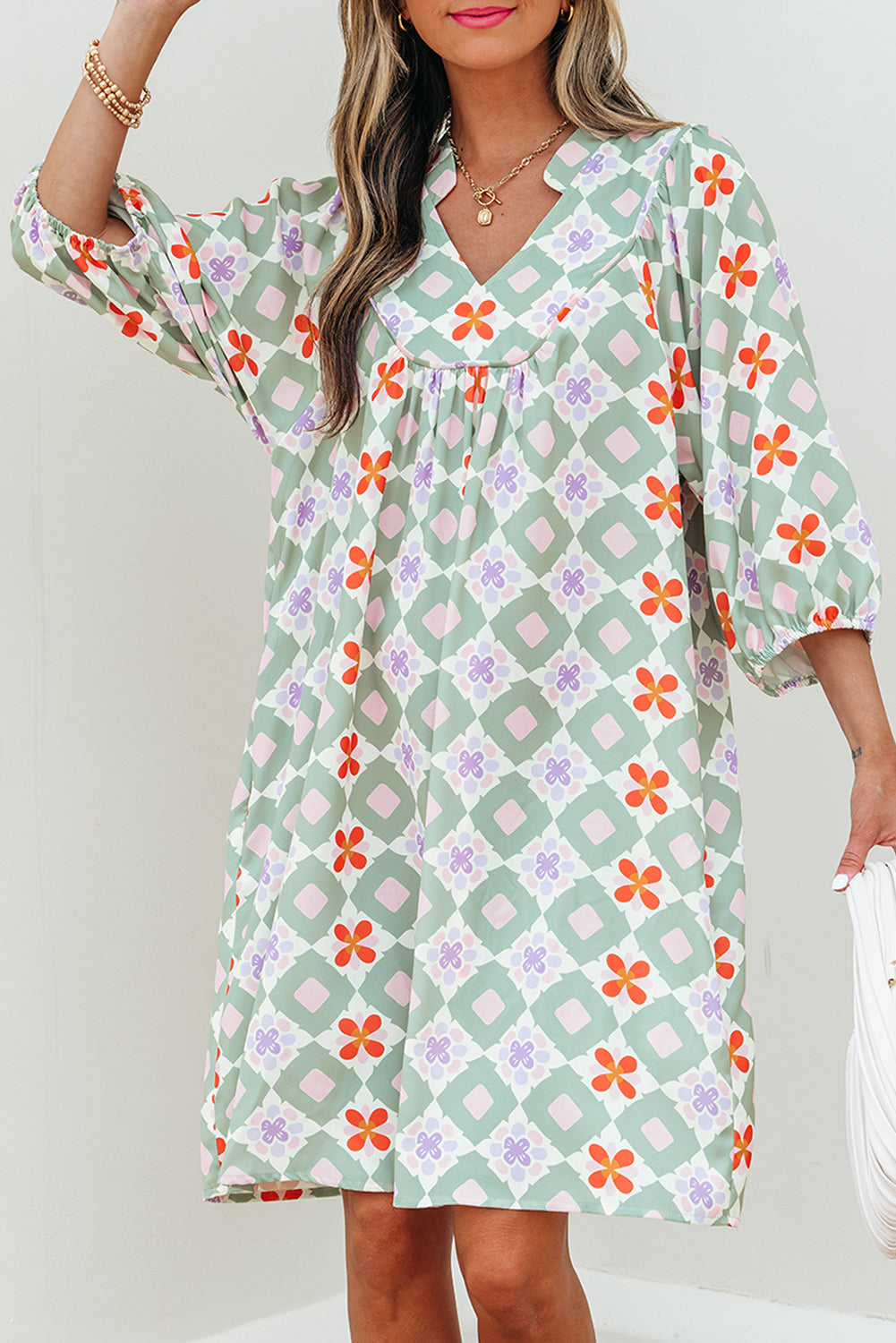 Green Geometric Floral Print 3/4 Sleeve Notched Neck Mini Dress Mini Dresses JT's Designer Fashion