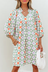 Green Geometric Floral Print 3/4 Sleeve Notched Neck Mini Dress Mini Dresses JT's Designer Fashion