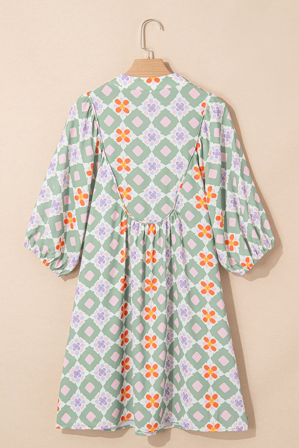 Green Geometric Floral Print 3/4 Sleeve Notched Neck Mini Dress Mini Dresses JT's Designer Fashion