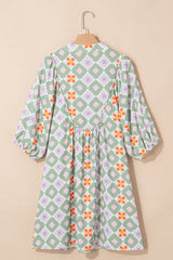 Green Geometric Floral Print 3/4 Sleeve Notched Neck Mini Dress Mini Dresses JT's Designer Fashion