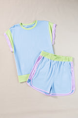 Blue Contrast Trim Cap Sleeve Tee Shorts Set Bottoms JT's Designer Fashion