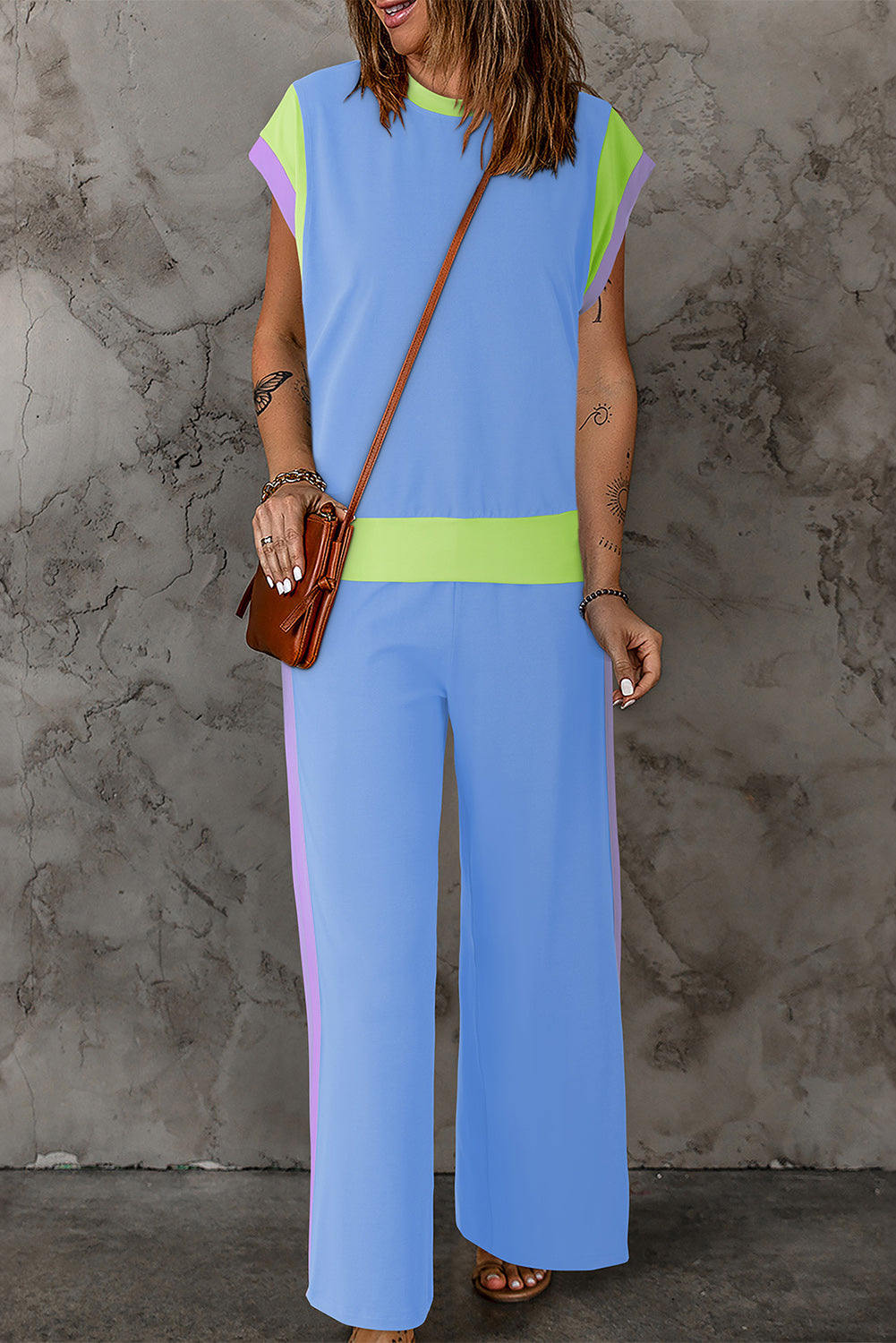 Sky Blue Color Block Detail Casual Two-piece Outfit Jumpsuits & Rompers JT's Designer Fashion