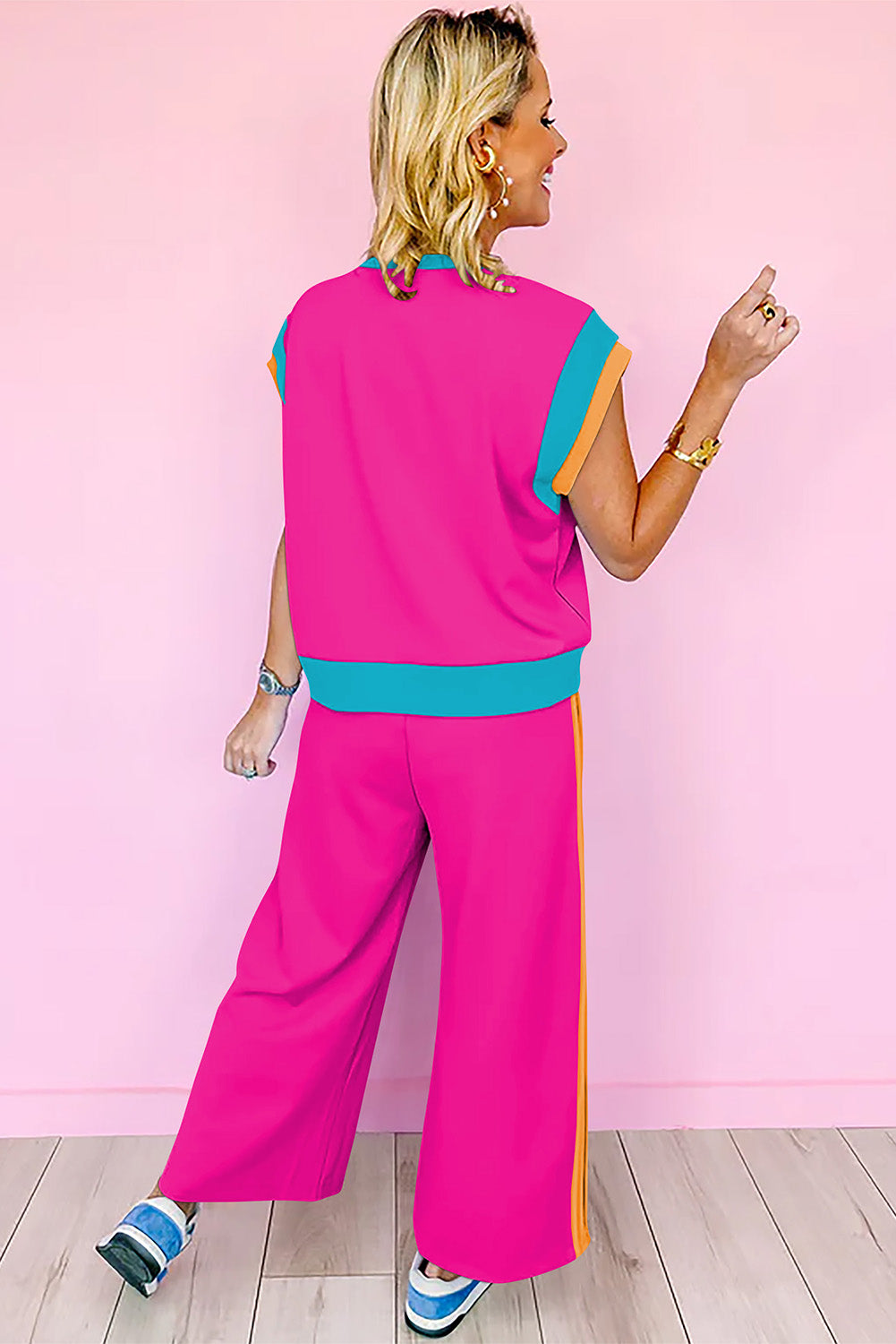 Strawberry Pink Color Block Detail Casual Two-piece Outfit JT's Designer Fashion