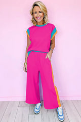 Strawberry Pink Color Block Detail Casual Two-piece Outfit JT's Designer Fashion