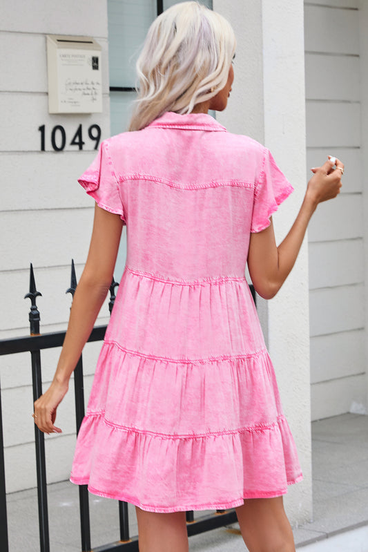 Bonbon Mineral Washed Button Front Ruffle Sleeve Tiered Denim Dress Dresses JT's Designer Fashion