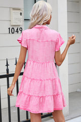 Bonbon Mineral Washed Button Front Ruffle Sleeve Tiered Denim Dress Dresses JT's Designer Fashion