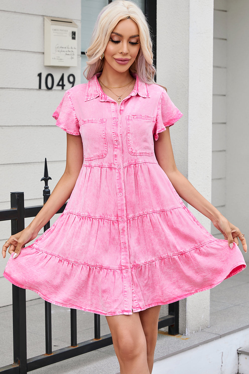 Bonbon Mineral Washed Button Front Ruffle Sleeve Tiered Denim Dress Dresses JT's Designer Fashion