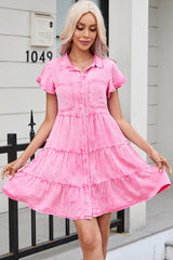 Bonbon Mineral Washed Button Front Ruffle Sleeve Tiered Denim Dress Dresses JT's Designer Fashion