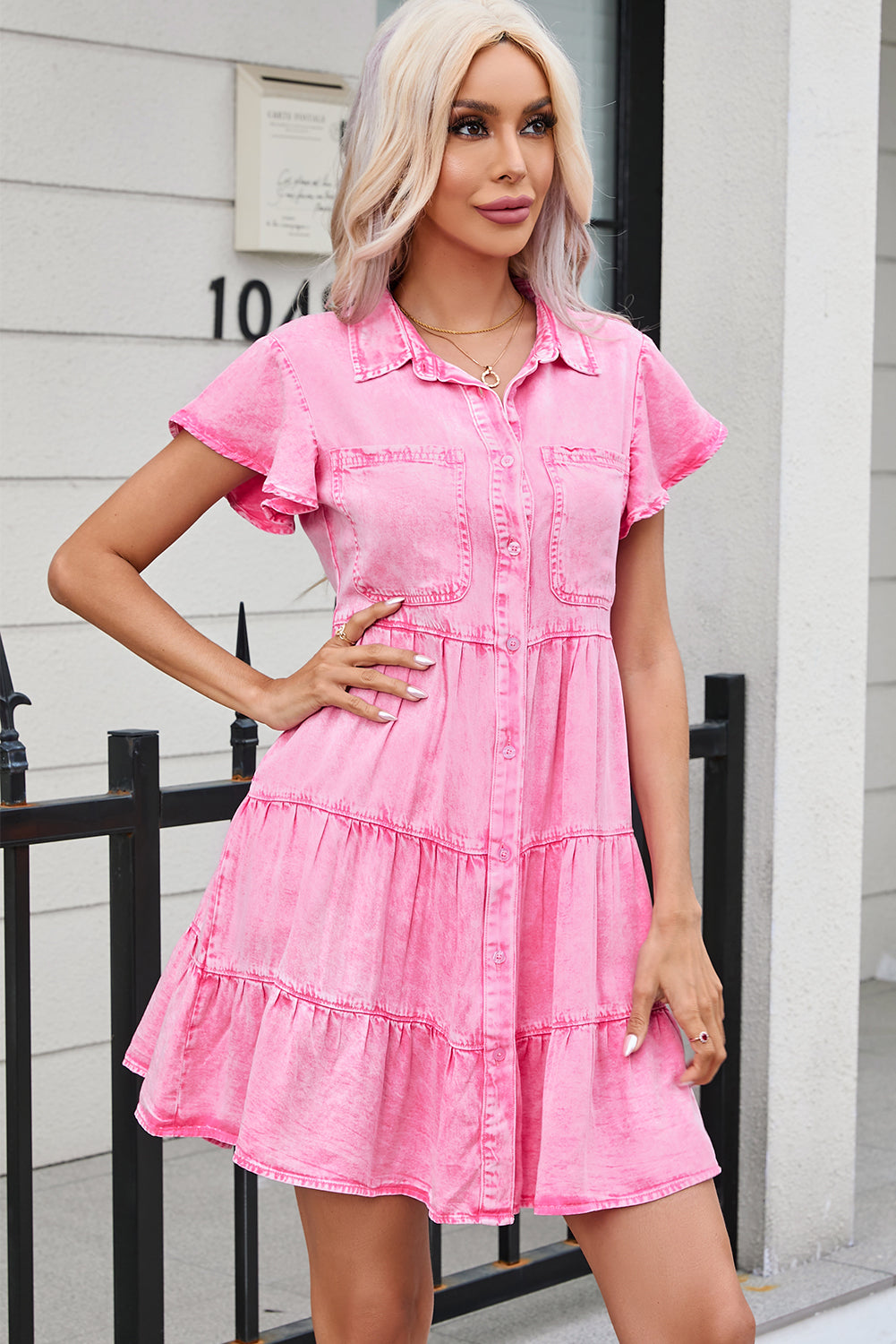 Bonbon Mineral Washed Button Front Ruffle Sleeve Tiered Denim Dress Dresses JT's Designer Fashion