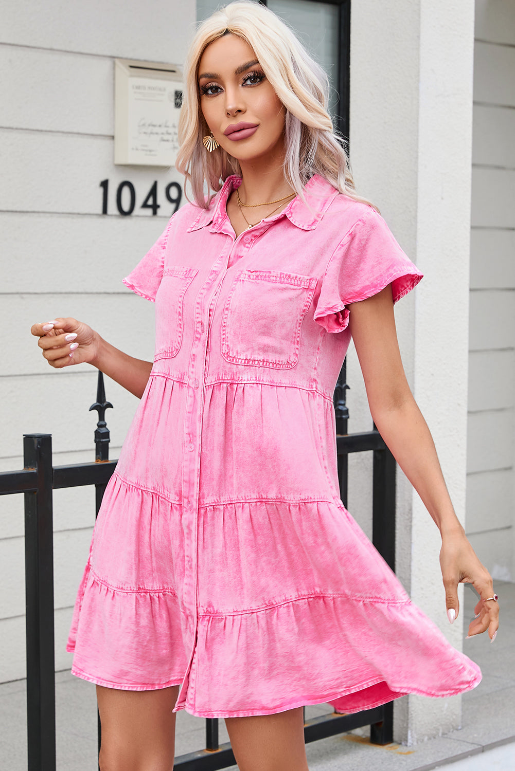 Bonbon Mineral Washed Button Front Ruffle Sleeve Tiered Denim Dress Dresses JT's Designer Fashion