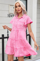 Bonbon Mineral Washed Button Front Ruffle Sleeve Tiered Denim Dress Dresses JT's Designer Fashion