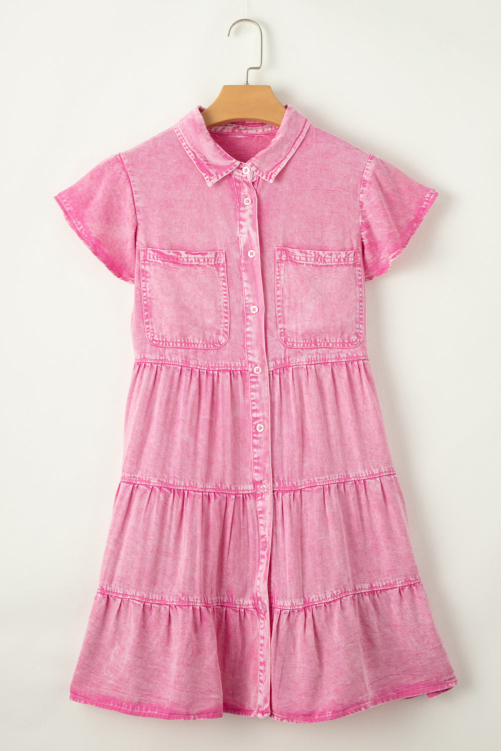 Bonbon Mineral Washed Button Front Ruffle Sleeve Tiered Denim Dress Dresses JT's Designer Fashion