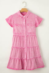 Bonbon Mineral Washed Button Front Ruffle Sleeve Tiered Denim Dress Dresses JT's Designer Fashion