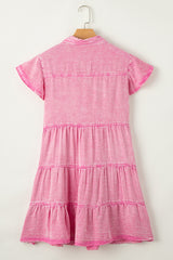 Bonbon Mineral Washed Button Front Ruffle Sleeve Tiered Denim Dress Dresses JT's Designer Fashion