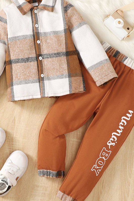 "Mama's Boy" Cozy Fall Plaid 2-Piece Toddler Set – Warm Shirt & Jogger Pants Outfit Ochre Kids Sets JT's Designer Fashion