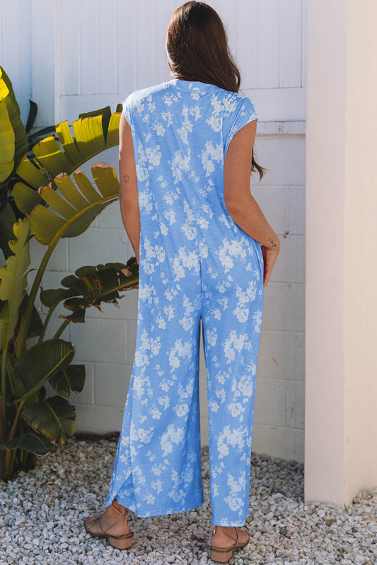 Myosotis Floral Print Half Button Wide Leg Relaxed Sleeveless Jumpsuit Jumpsuits & Rompers JT's Designer Fashion