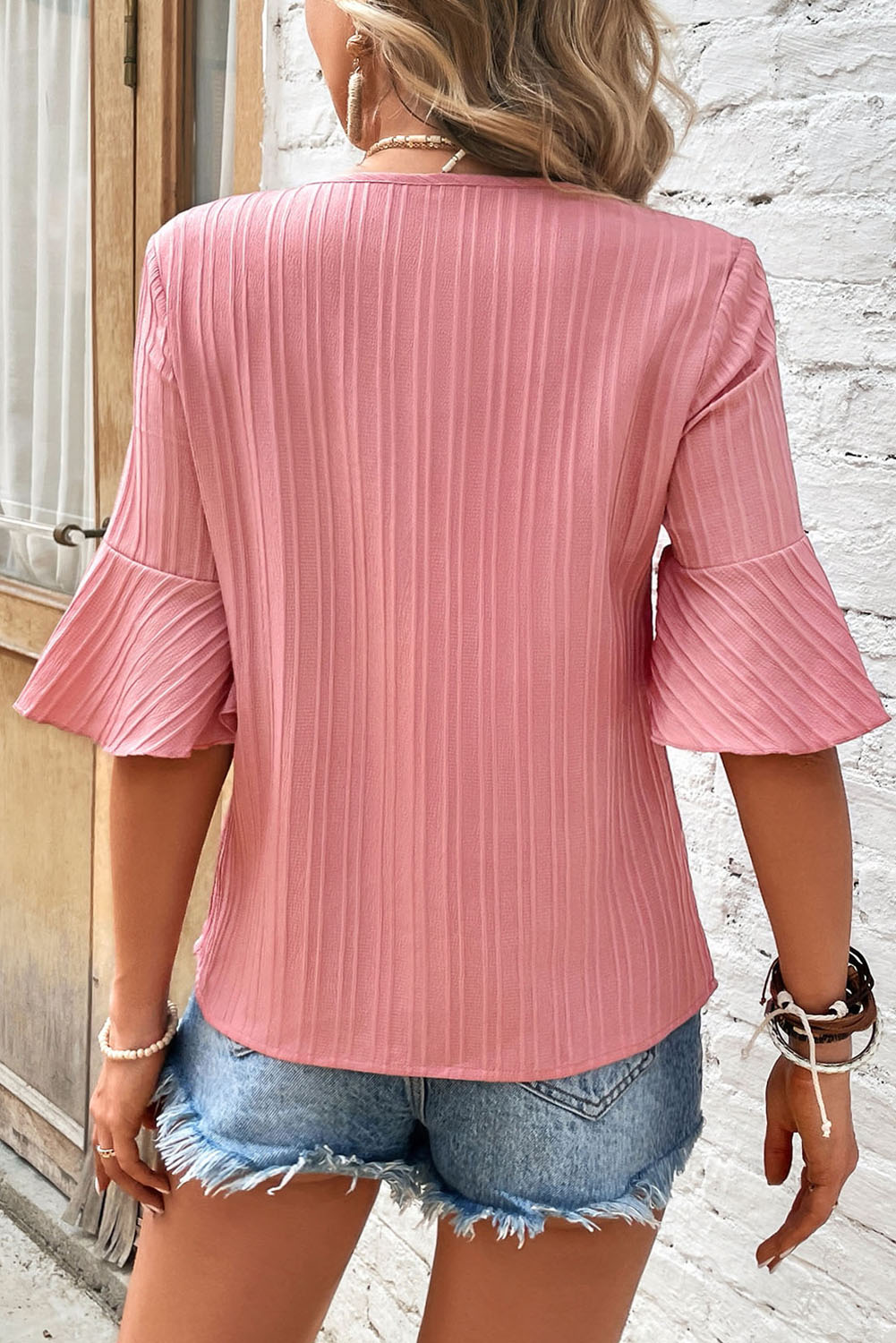 Peach Blossom Ruffled Half Sleeve V Neck Textured Plus Top Plus Size JT's Designer Fashion
