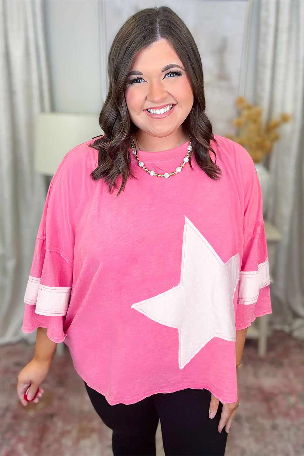 Pink Star Patched Colorblock Raw Edge Bracelet Sleeve Plus Size Loose Tee Plus Size Tops & Tees JT's Designer Fashion