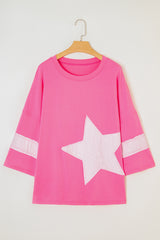 Pink Star Patched Colorblock Raw Edge Bracelet Sleeve Plus Size Loose Tee Plus Size Tops & Tees JT's Designer Fashion