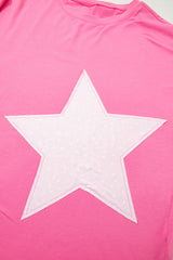 Pink Star Patched Colorblock Raw Edge Bracelet Sleeve Plus Size Loose Tee Plus Size Tops & Tees JT's Designer Fashion