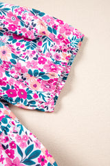 Pink Plus Size Floral Half Button Short Puff Sleeve A-line Dress Plus Size Mini Dresses JT's Designer Fashion