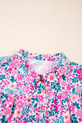Pink Plus Size Floral Half Button Short Puff Sleeve A-line Dress Plus Size Mini Dresses JT's Designer Fashion