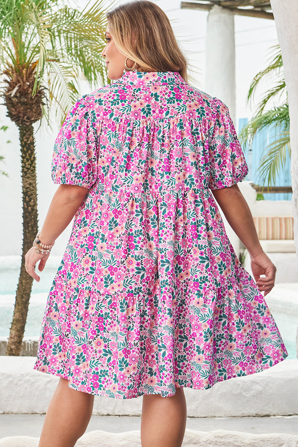 Pink Plus Size Floral Half Button Short Puff Sleeve A-line Dress Plus Size Mini Dresses JT's Designer Fashion