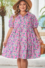 Pink Plus Size Floral Half Button Short Puff Sleeve A-line Dress Plus Size Mini Dresses JT's Designer Fashion
