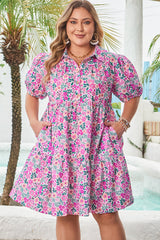 Pink Plus Size Floral Half Button Short Puff Sleeve A-line Dress Plus Size Mini Dresses JT's Designer Fashion