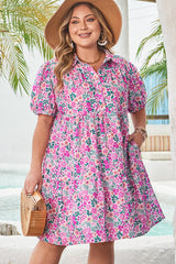 Pink Plus Size Floral Half Button Short Puff Sleeve A-line Dress Plus Size Mini Dresses JT's Designer Fashion