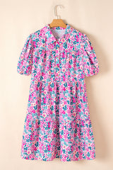 Pink Plus Size Floral Half Button Short Puff Sleeve A-line Dress Plus Size Mini Dresses JT's Designer Fashion