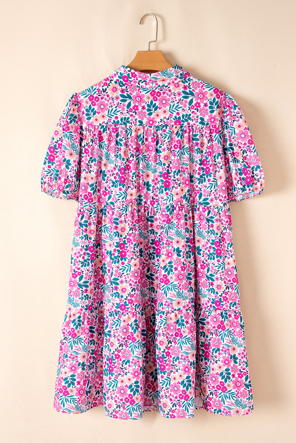 Pink Plus Size Floral Half Button Short Puff Sleeve A-line Dress Plus Size Mini Dresses JT's Designer Fashion